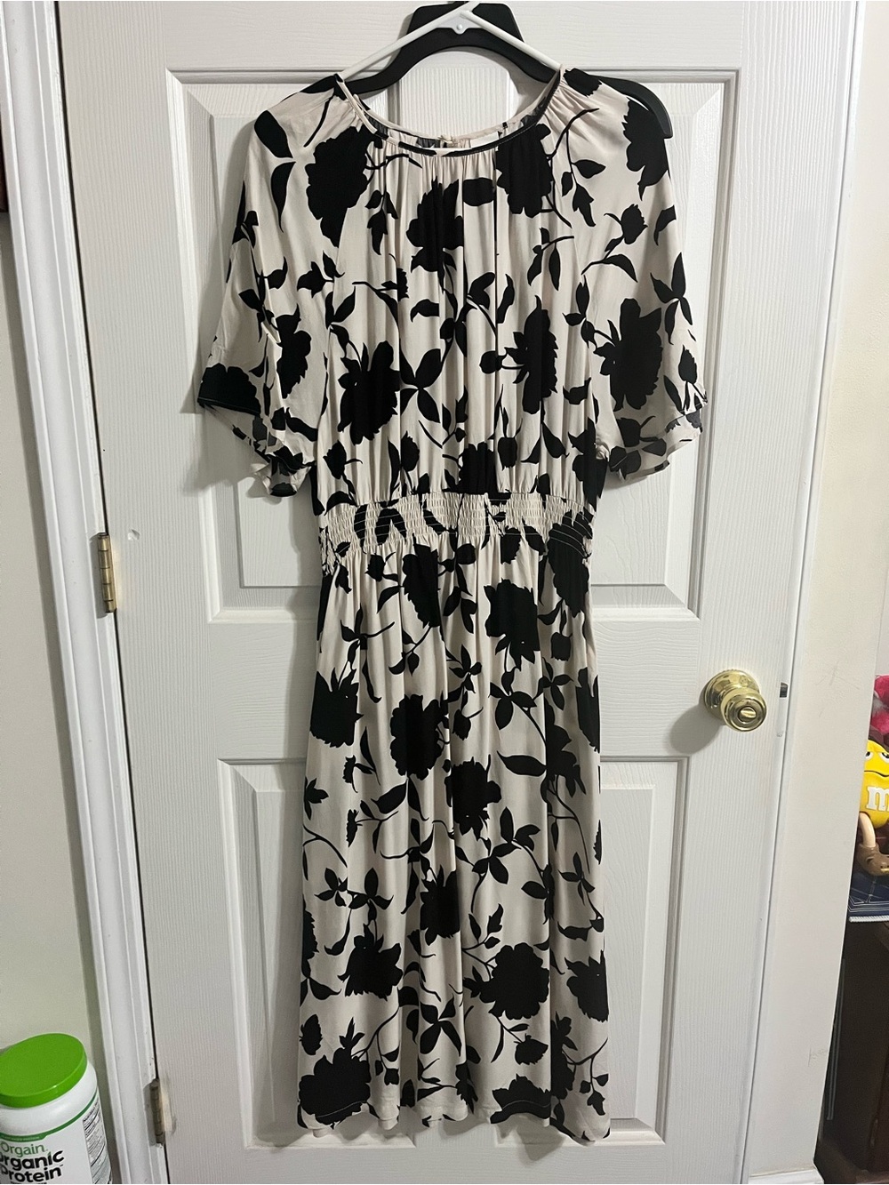 H&M Black Floral Midi Dress in Cream Base Sm/Med